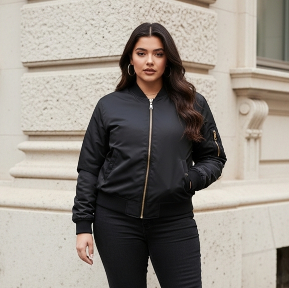 Women's Black Bomber Jacket with Orange Lining - Picture 11 of 14